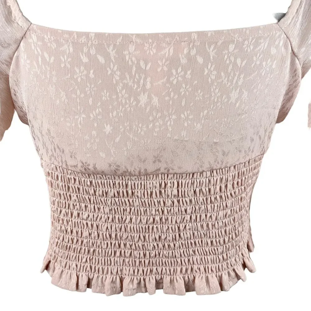 Leith Blouse Crop Top Smocked Pink Smoke M New